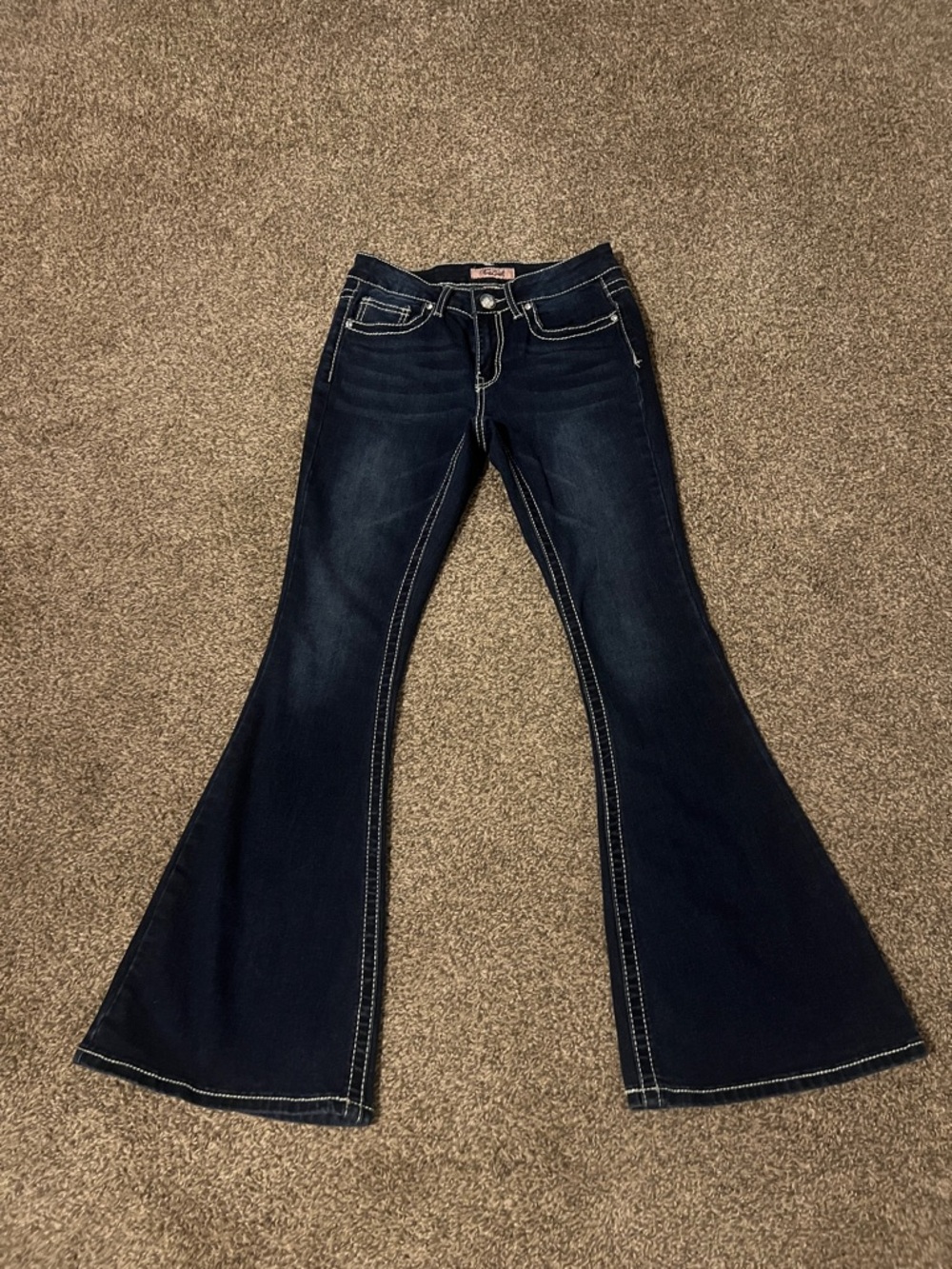 Dark Blue Flared Women's Jeans with Contrast Stitching